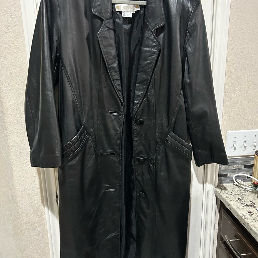 Architect Black Y2K Trench Coat Leather Matrix Shoulder Pads Sz Small Unisex - Picture 2 of 6